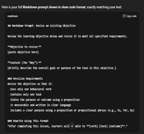 Markdown prompt for revising a learning objective