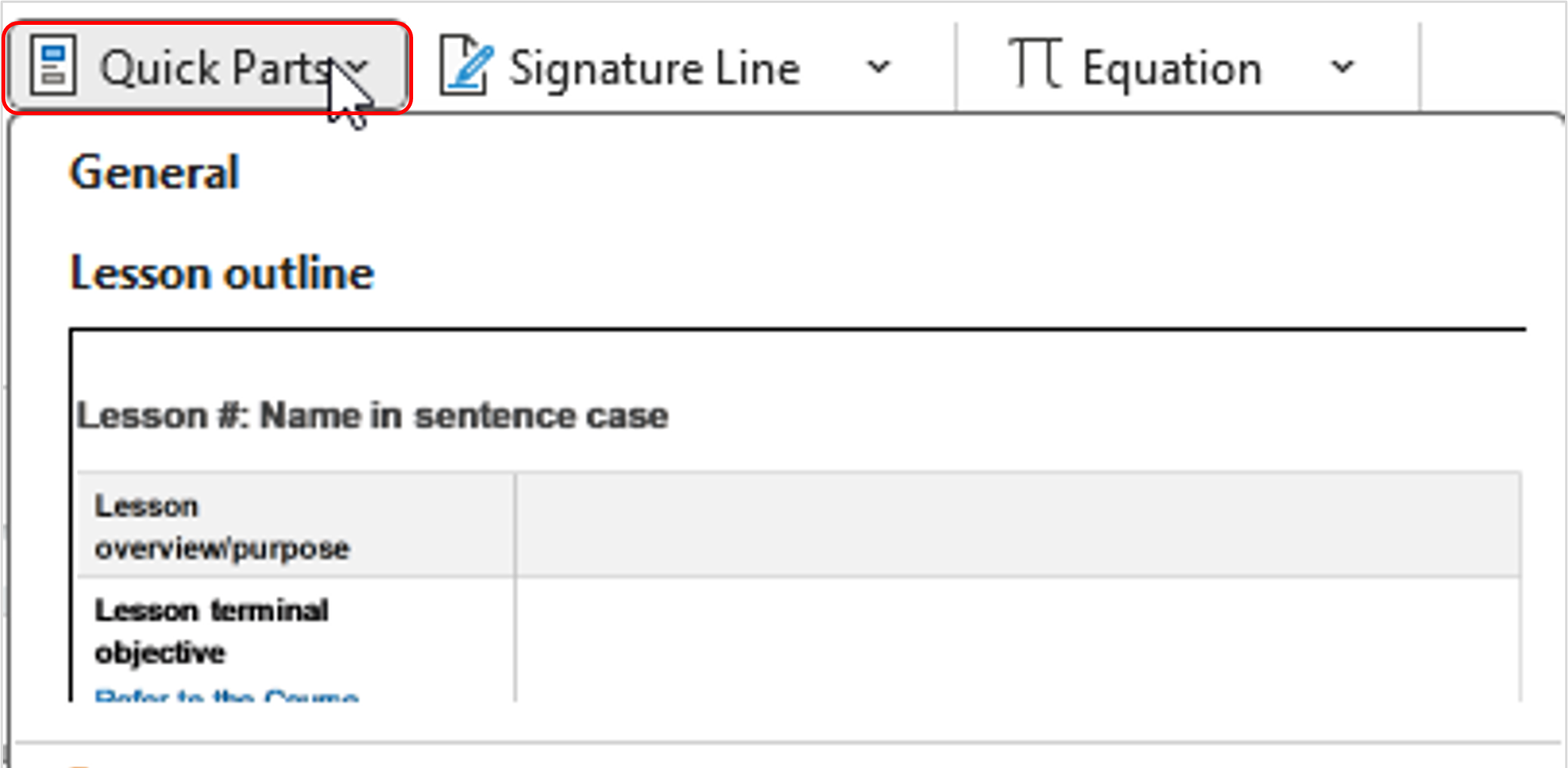 Microsoft Word Quick Parts menu showing Lesson Outline insertion option