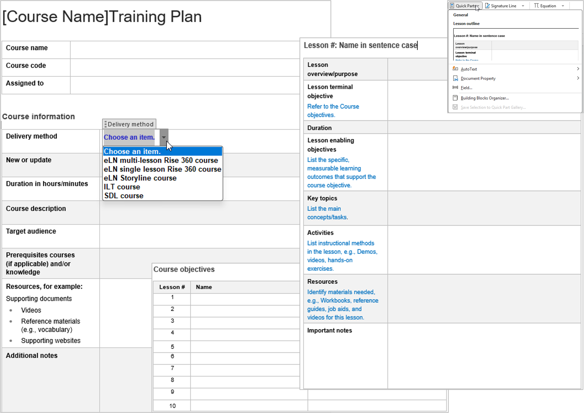 Training Plan layout showing course information table and lesson outlines